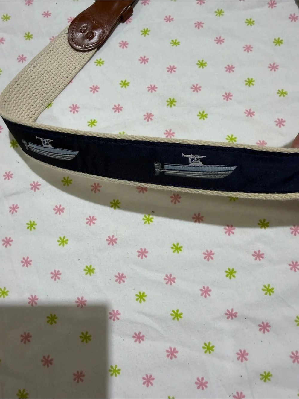 Navy Embroidered Boat Kids Belt with Brown Leather Trim